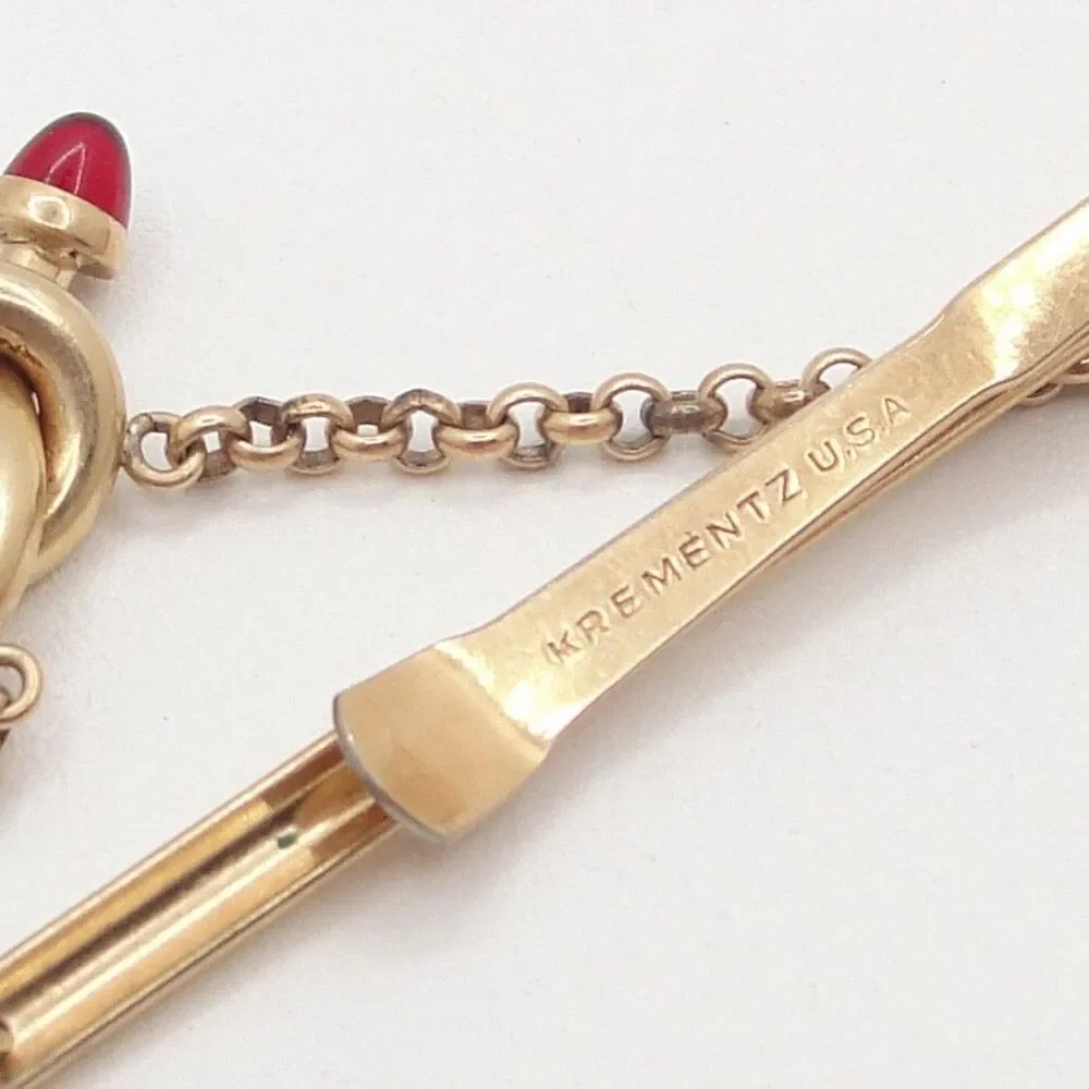 Vintage Krementz Gold Overlay Love Knot Tie Chain Clasp Red Ruby Glass Cabochon